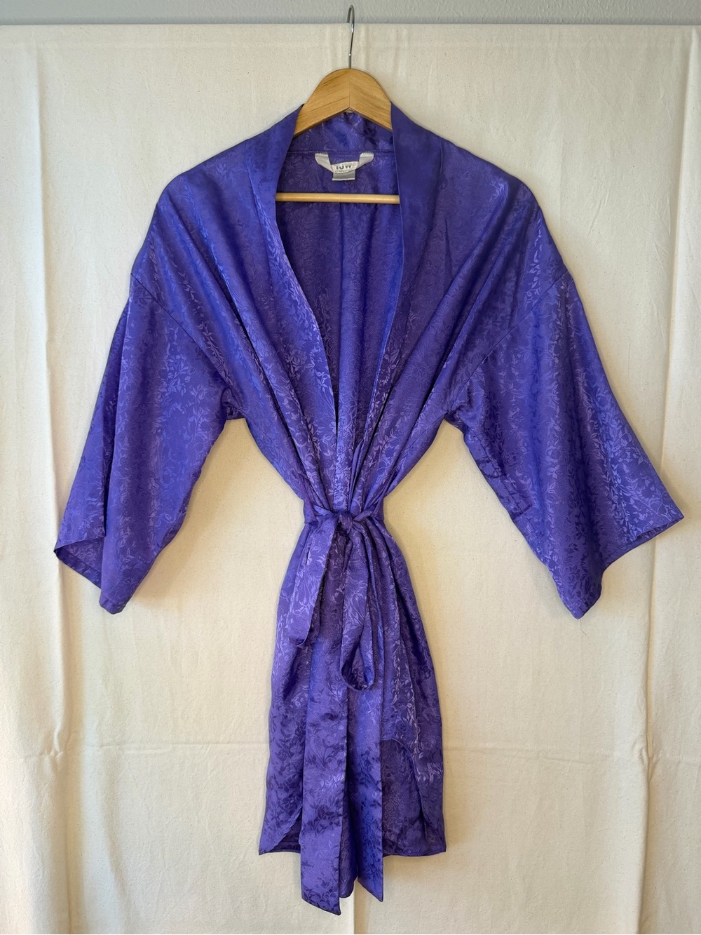 Satin Jacquard Purple Kimono Robe with Tie Belt - Women's Intimates